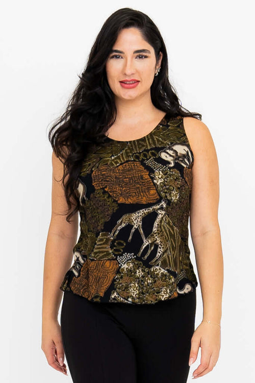 Woman wearing a sleeveless safari print tank top with earthy tones and animal motifs, front view