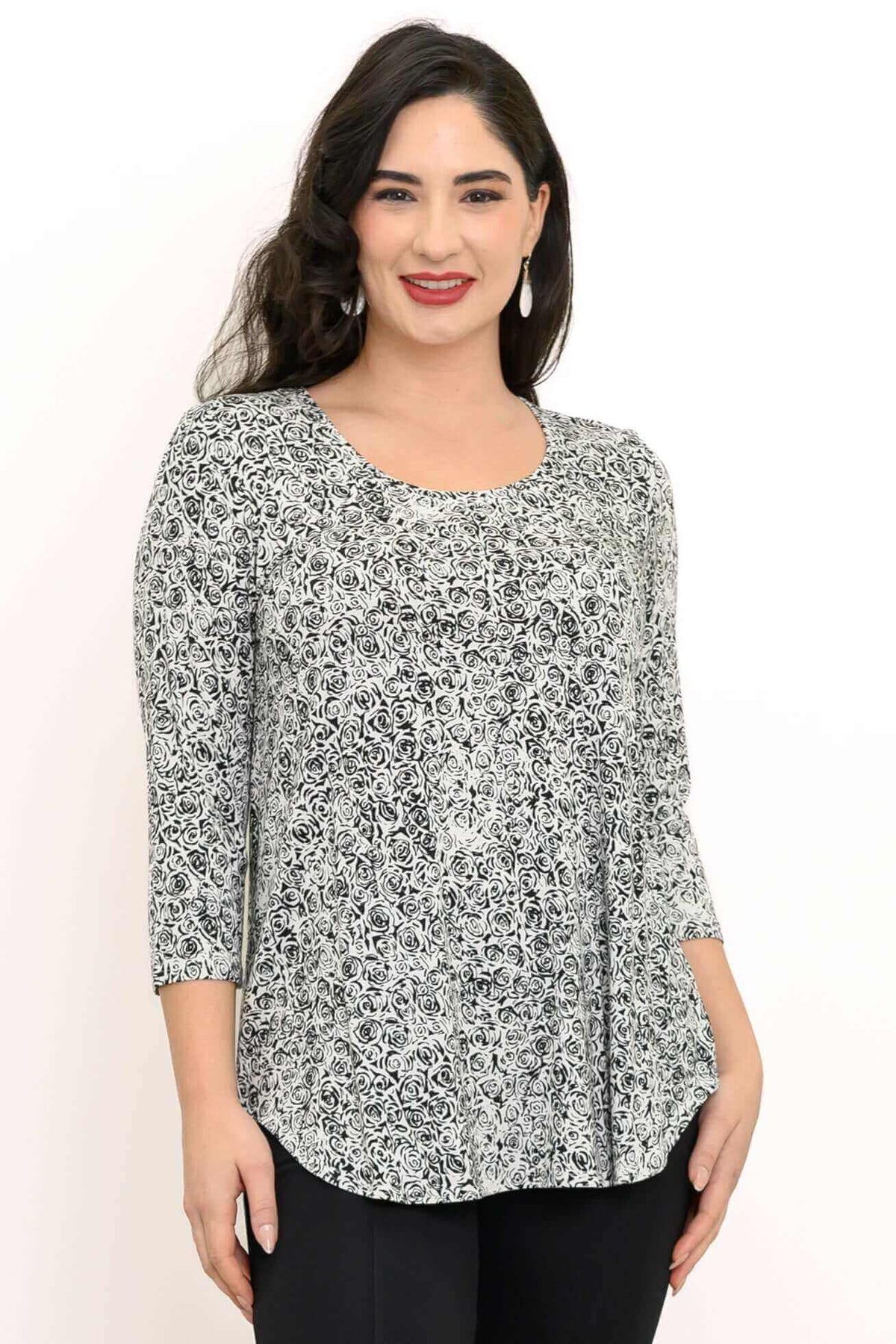 Front view of woman wearing the Jazz Bamboo Top with rose swirl print