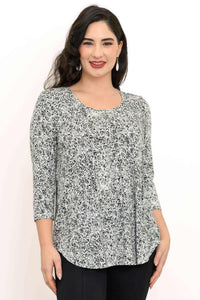Front view of woman wearing the Jazz Bamboo Top with rose swirl print