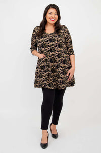 Full view of Veronica A-Line Tunic with black vine print and three-quarter sleeves
