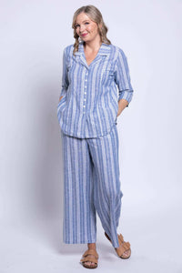 Full outfit view of model in blue striped Parker Pant and matching shirt