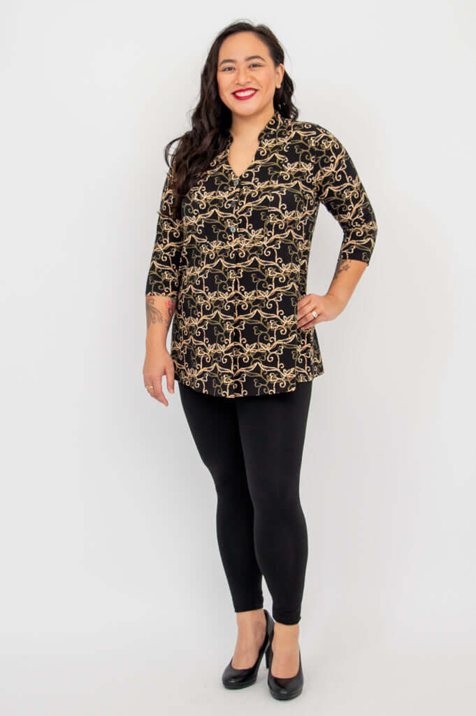 Full body view of model in Edwina Bamboo Top and black leggings