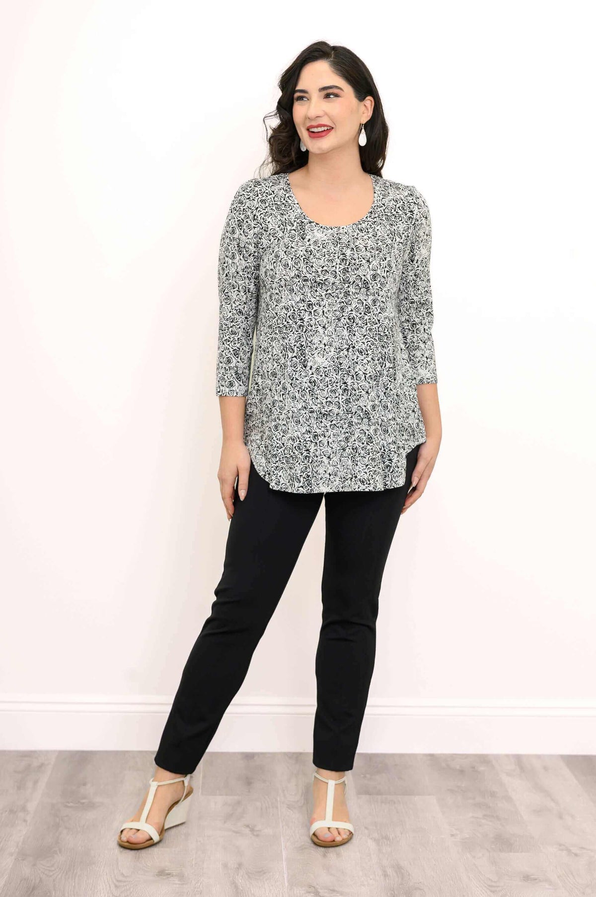 Full body front angle of Jazz Bamboo Top styled with black pants