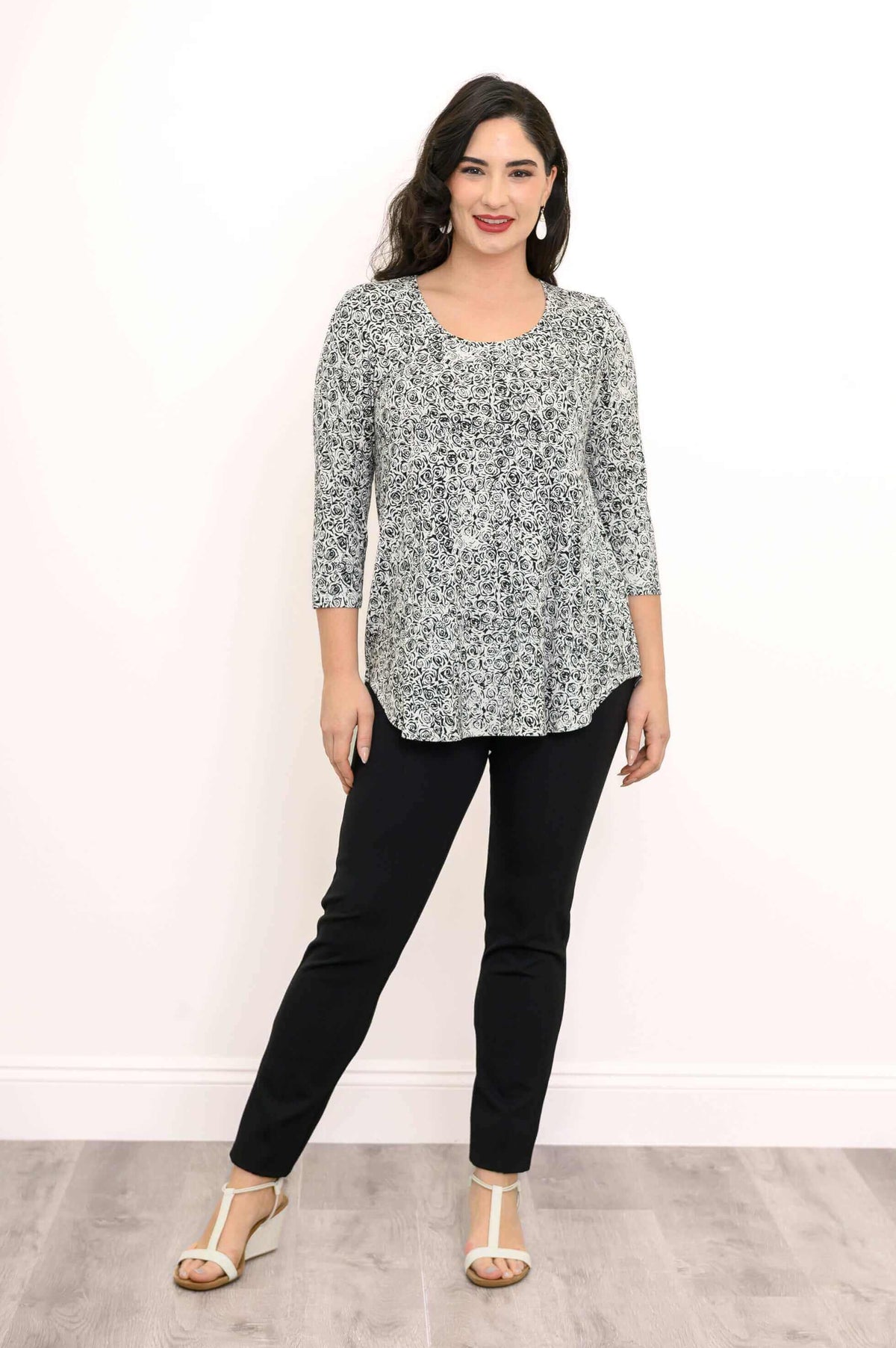 Full body front view of Jazz Bamboo Top and black pants