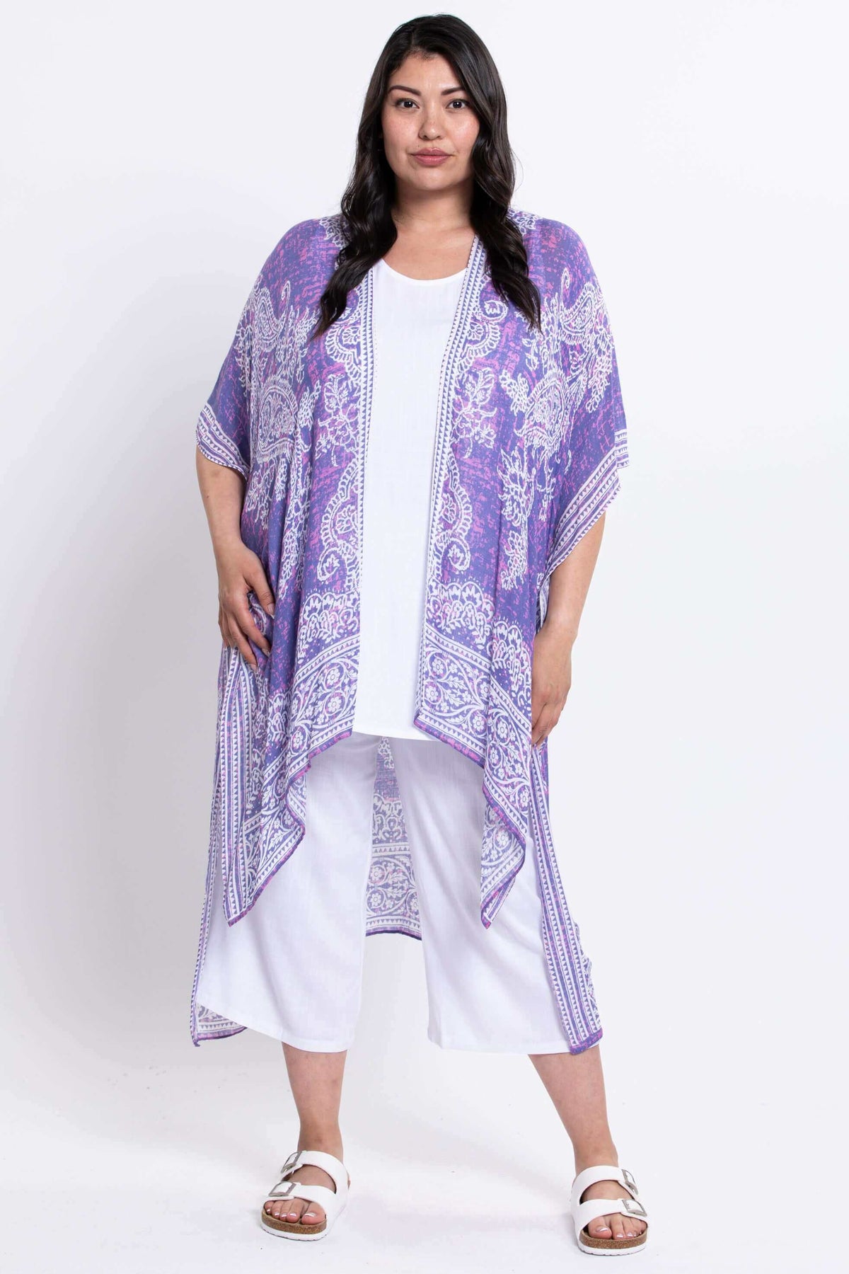 Full body front view of The Darcy Kimono Wrap styled with white sandals and pants