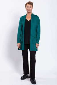 Full body view of woman modeling the teal Paige Sweater cardigan