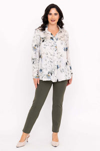 Full body view of woman modeling the Charlotte Blouse and green pants
