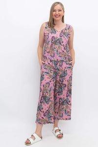 Full body view of woman in pink paisley cropped tank and wide-leg pants