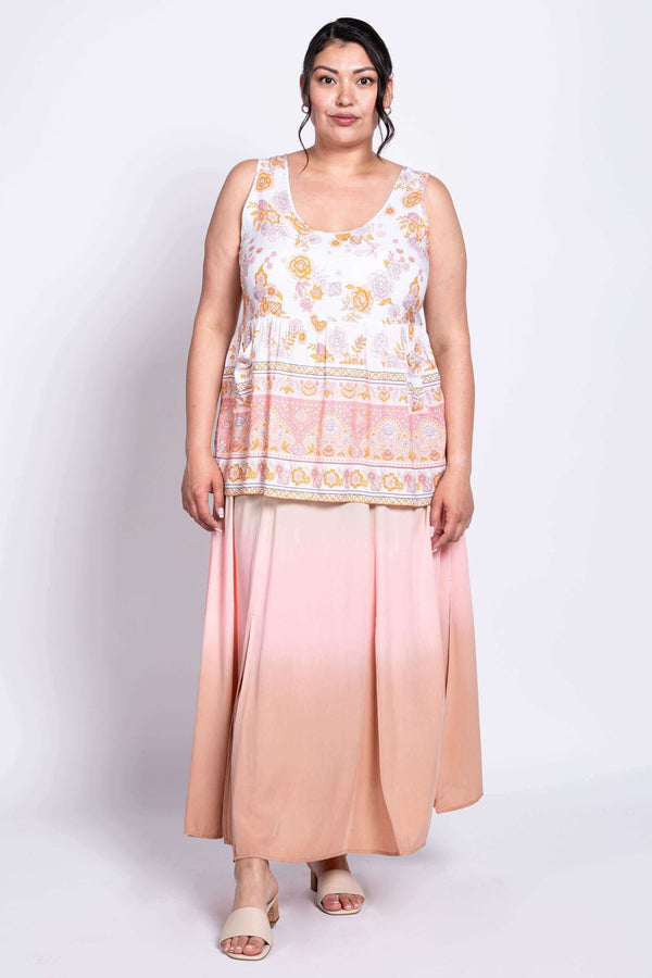 Full body view of model wearing Kaya Floral Tiered Tank Top with ombre skirt