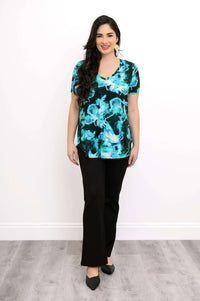 Full body view of model wearing Jackie Ocean Swirl Bamboo V-Neck Top