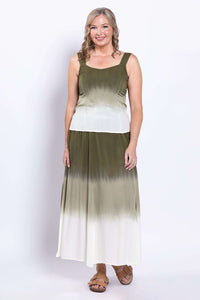 Full body front view of woman in olive ombre sleeveless tank top and matching skirt