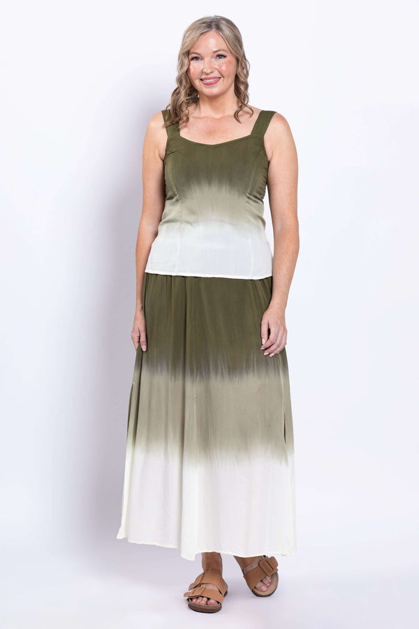 Full body front view of woman in olive ombre sleeveless tank top and matching skirt