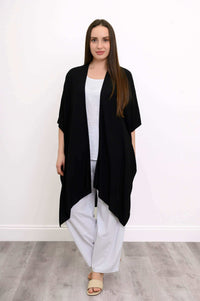 Full front view of black Darcy kimono wrap styled as a cover-up