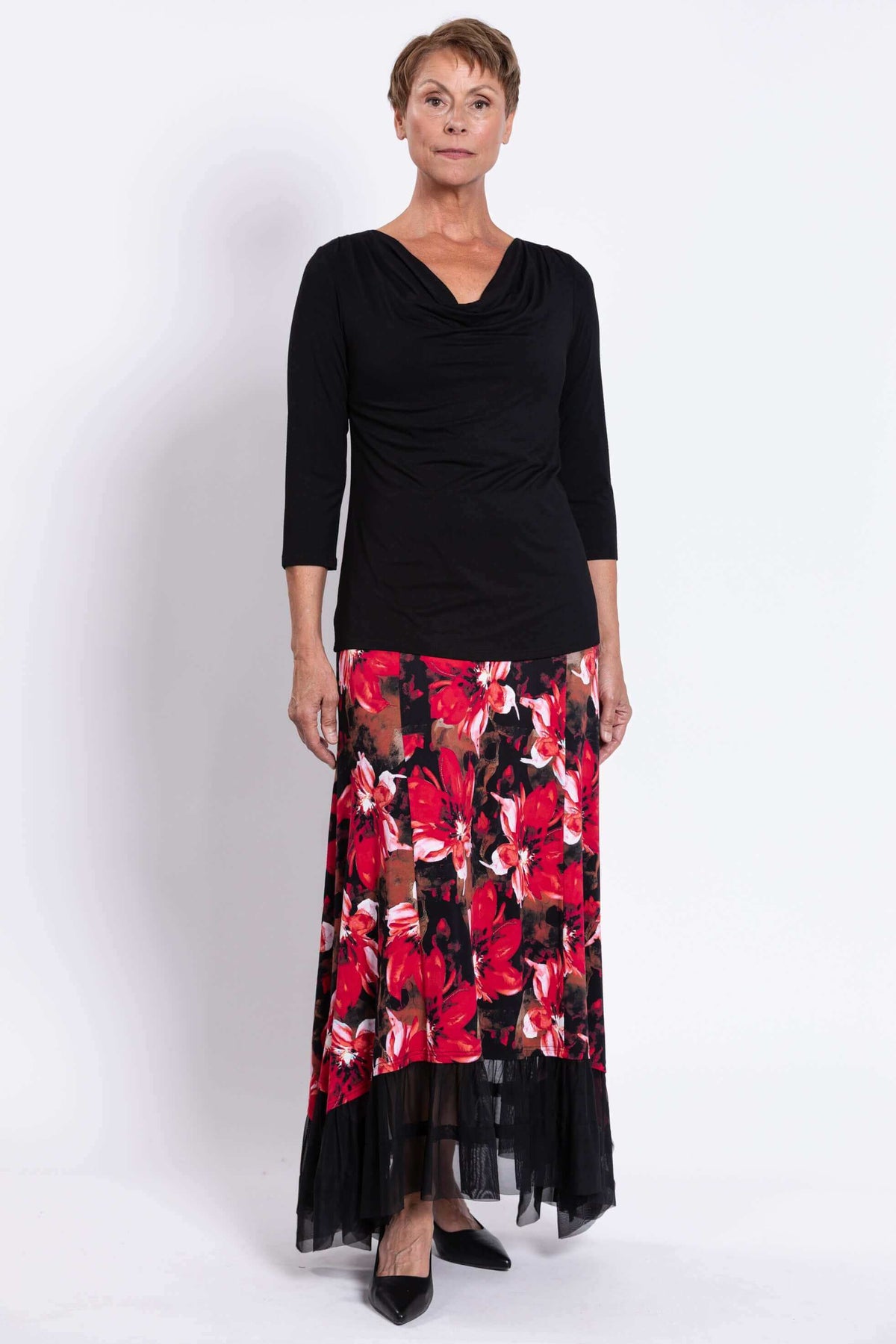 Full front view of Vera floral maxi skirt with black mesh underlay