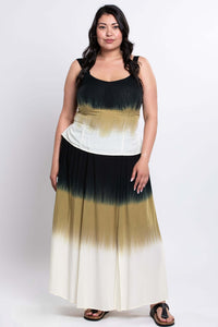 Full front view of model in coordinated dip dye tank top and skirt set