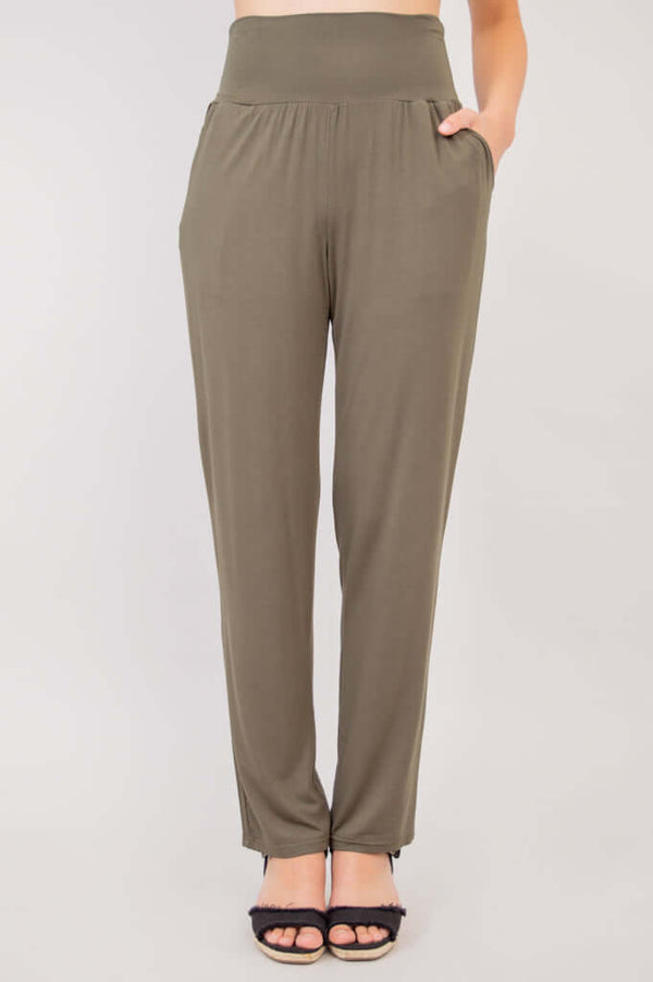 Full front view of Clair bamboo pants with tapered leg and relaxed fit
