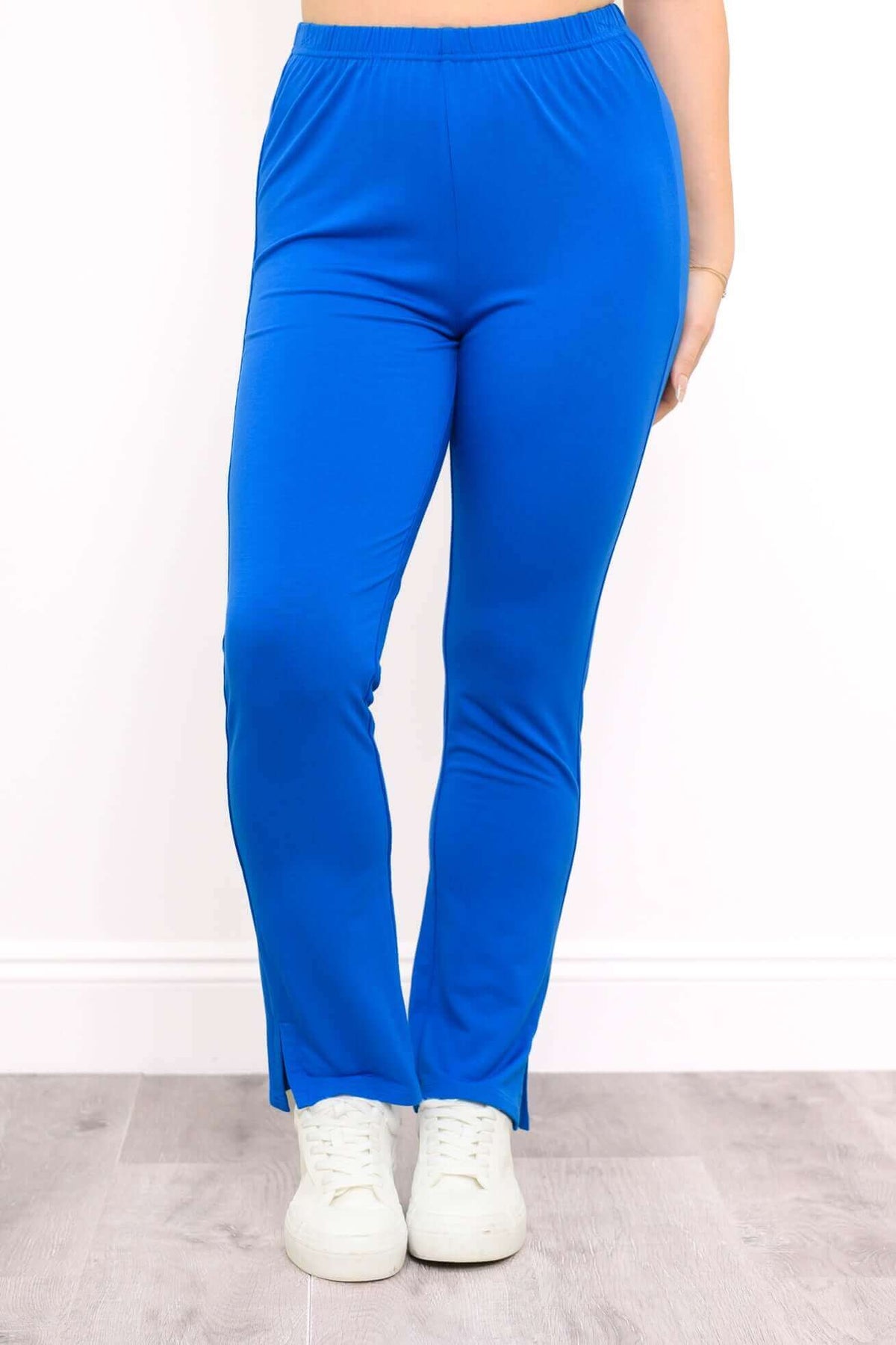 Full front view of Sarina Pant in blue with elastic waistband