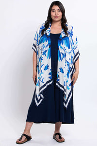 Full front view of model in Darcy Kimono Wrap with navy dress