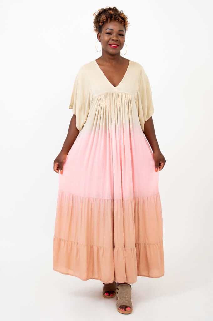 Full frontal view of the ombre tiered maxi dress with a relaxed fit