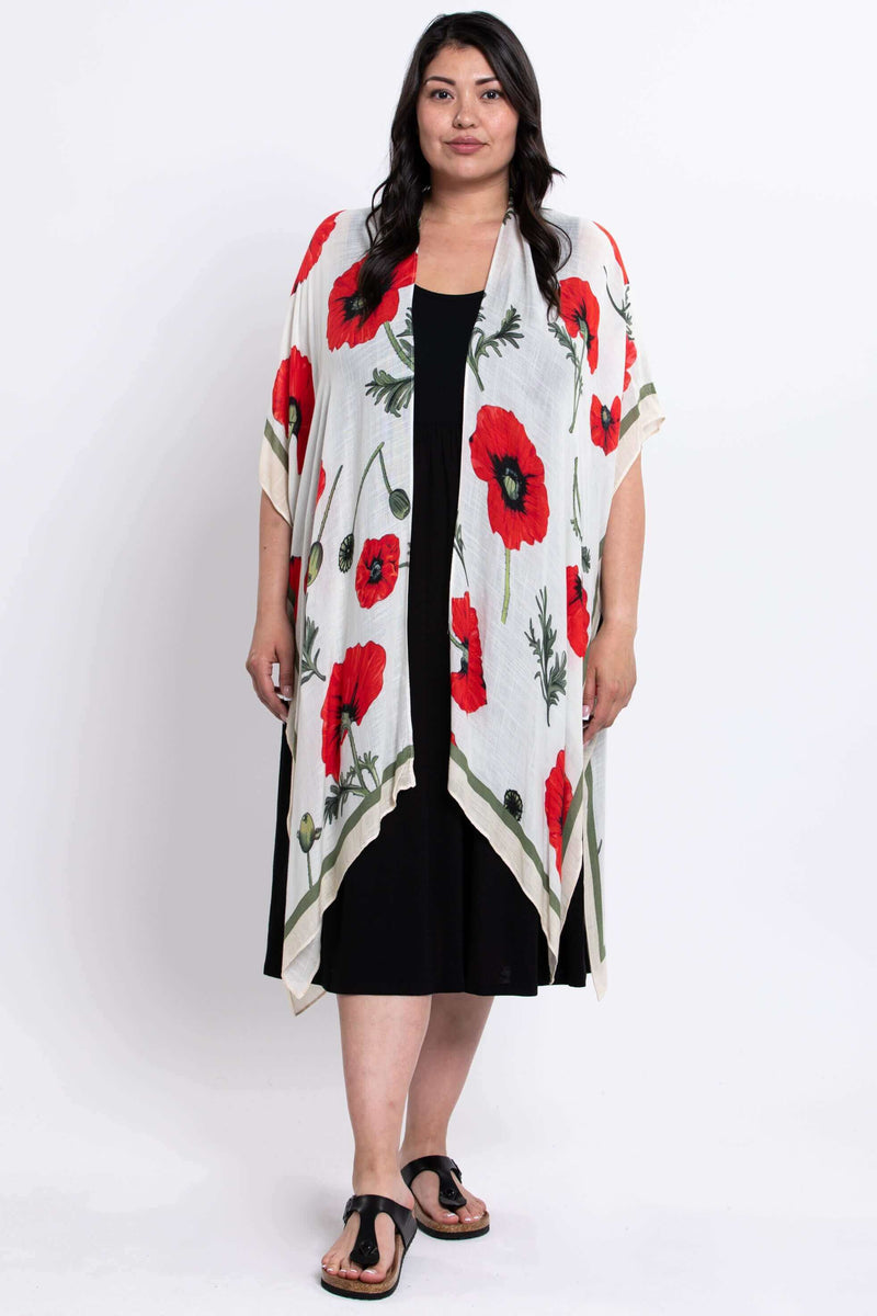 Full length front view showing Darcy kimono wrap with red poppies