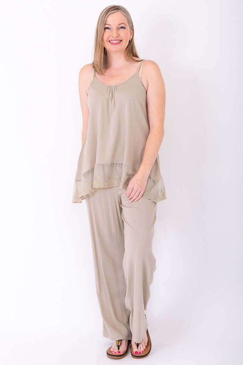 Full body view of model in beige Chantilly Lace Tank and matching pants