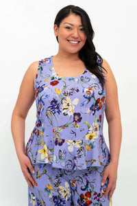 Closeup of model wearing the Ginny Tank in lavender floral bamboo linen