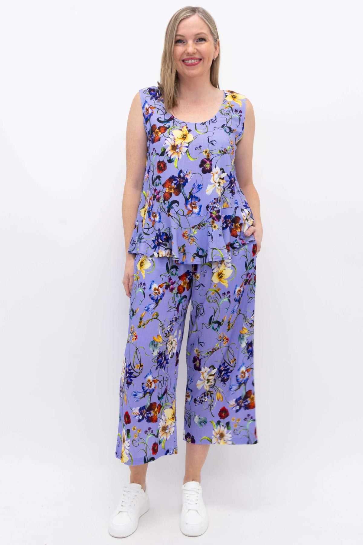 Full-body image of model in Ginny Tank and pants, lavender floral set