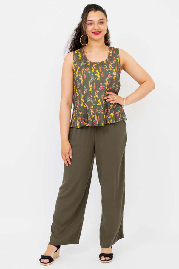 Full body view of model in Ginny Tank and matching olive pants, standing facing forward