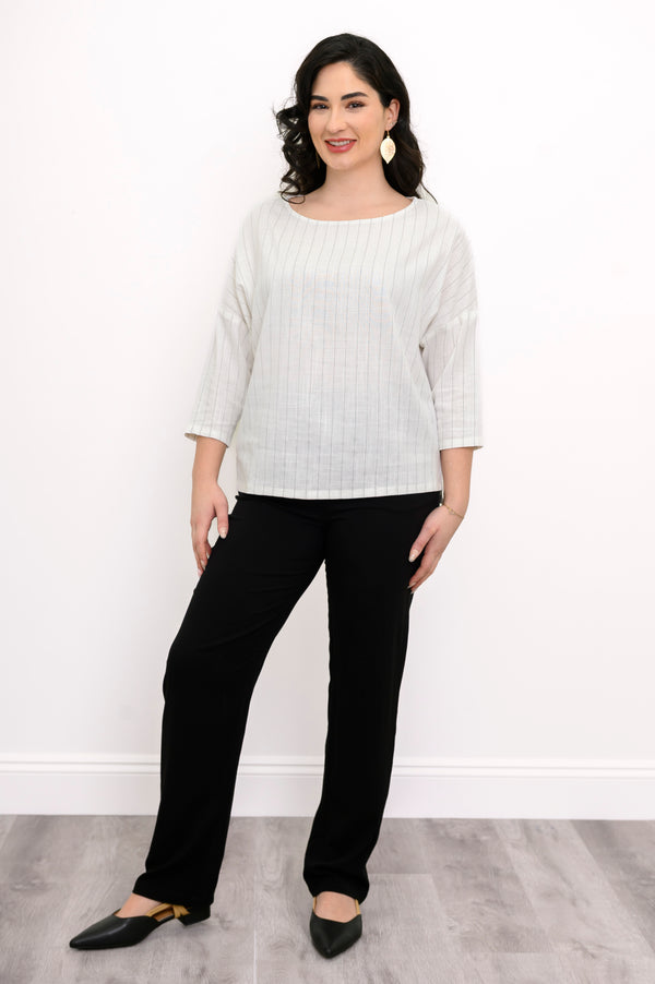Grace Top, White Stripe, Linen Bamboo