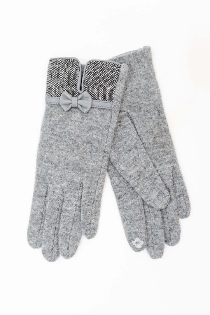 Pair of gray wool gloves with a bow detail and touchscreen fingertips