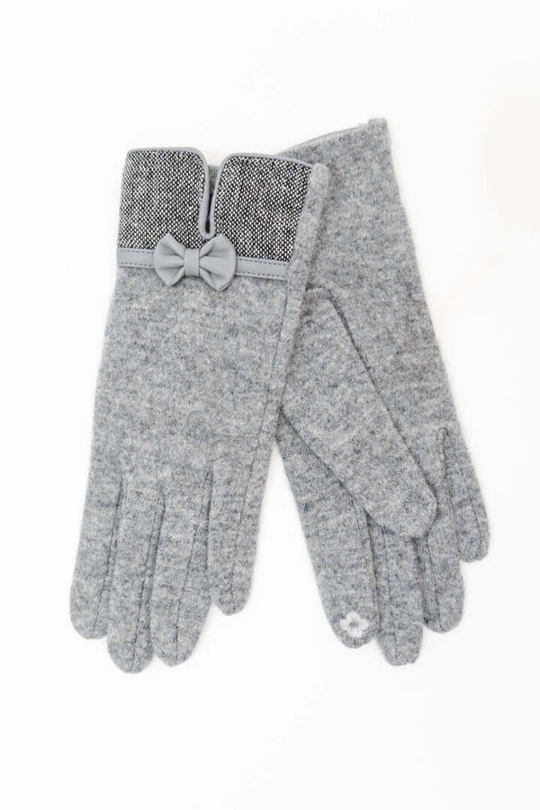 Pair of gray wool gloves with a bow detail and touchscreen fingertips