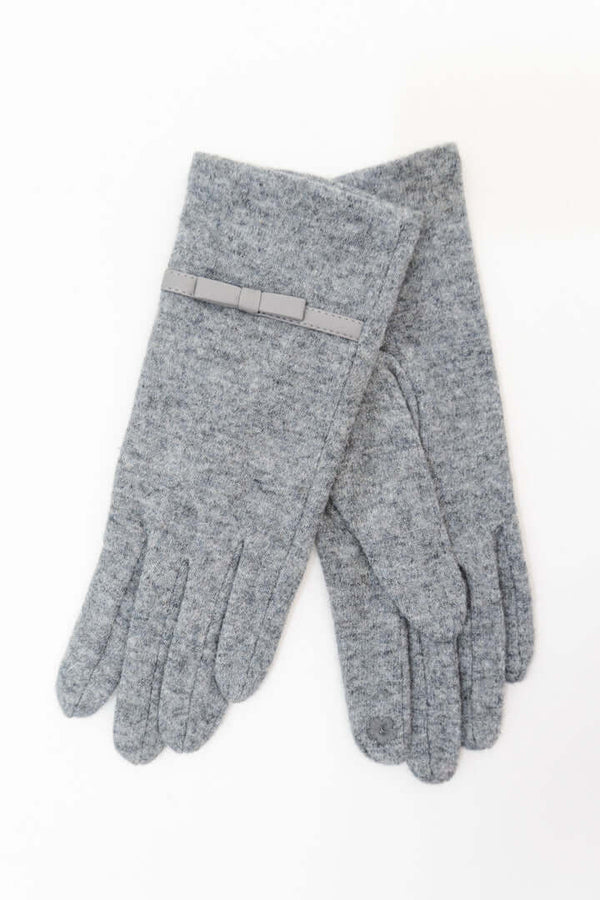 Pair of grey wool gloves with a small bow detail on the cuff, displayed on a white background