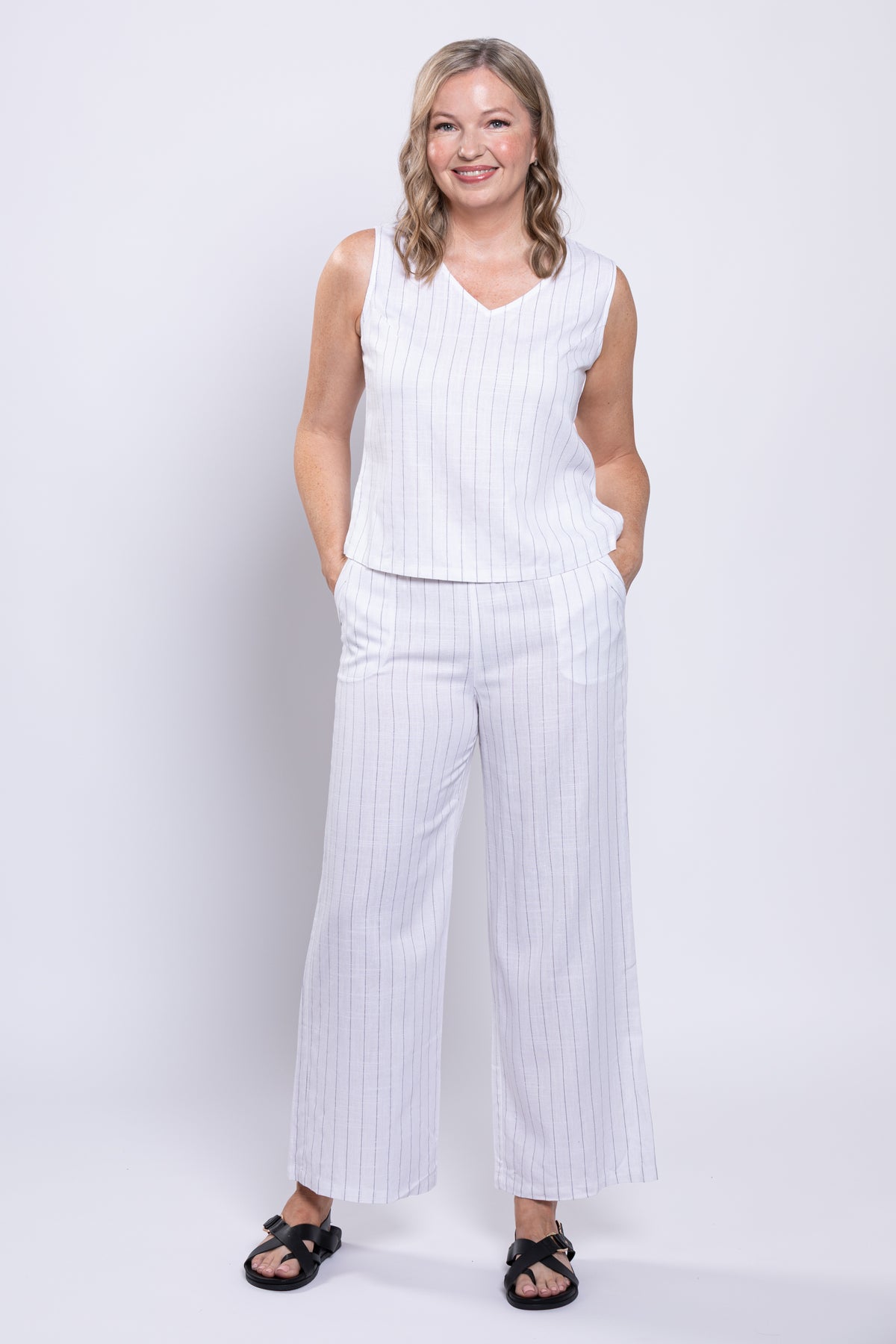 Parker Pant, White Stripe, Linen Bamboo