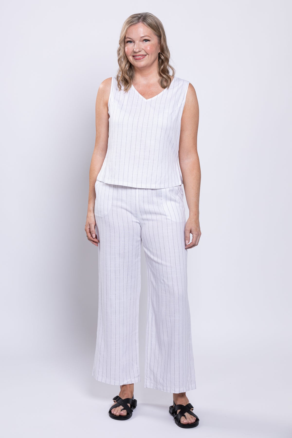 Parker Pant, White Stripe, Linen Bamboo
