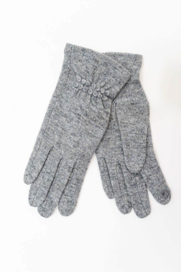 Pair of heathered gray wool gloves with gathered detail on the cuffs
