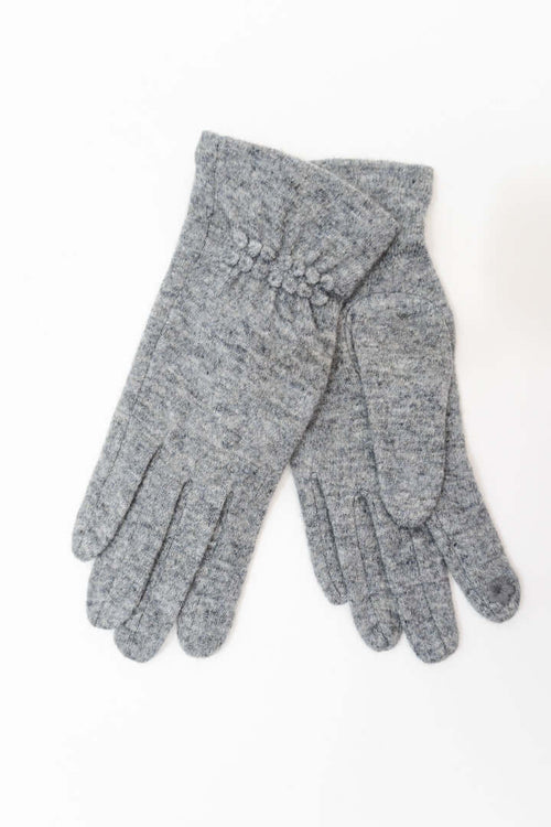Pair of heathered gray wool gloves with gathered detail on the cuffs