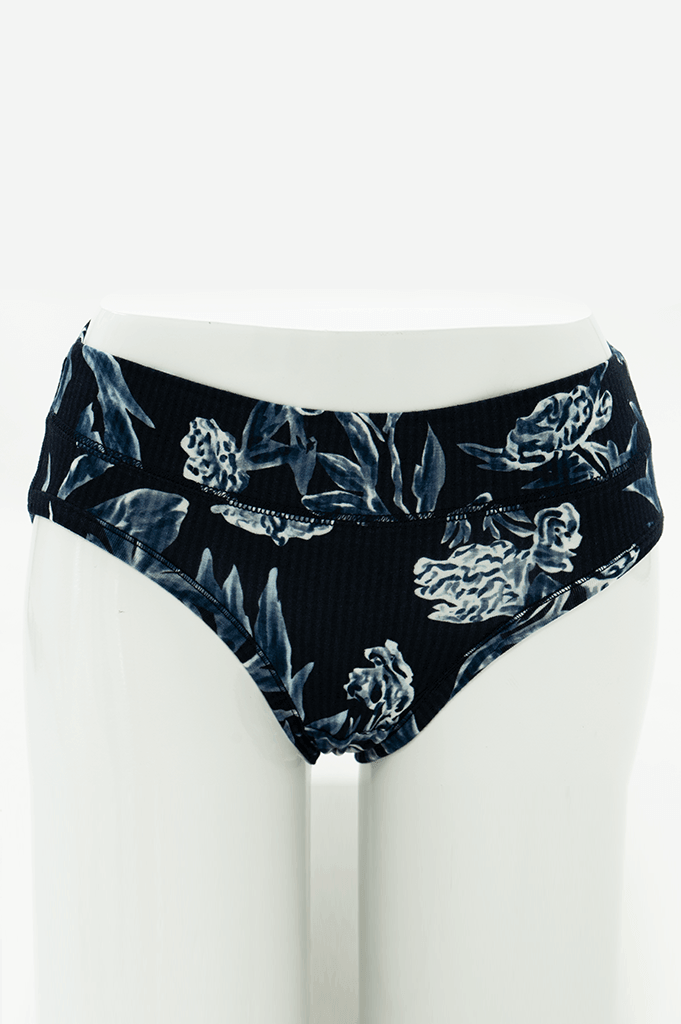 Front view of Indigo Floral Bamboo Hipster underwear on mannequin