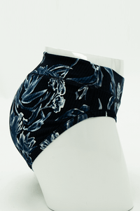 Side view of Indigo Floral Bamboo Hipster underwear on mannequin