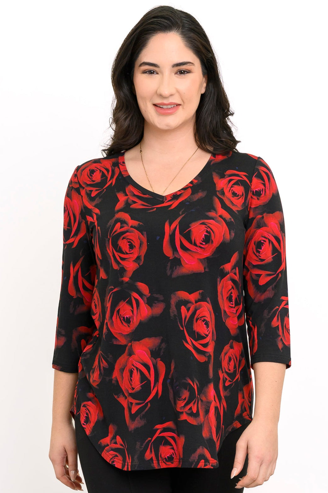 Soft bamboo-cotton blouse with casual 3/4 sleeves and a crimson floral design, shown in a front-facing crop.