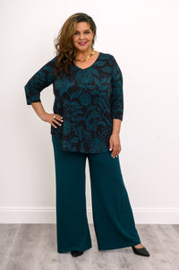 Model posing in a teal botanical print bamboo-cotton top with 3/4 sleeves and a softly shaped V-neckline.