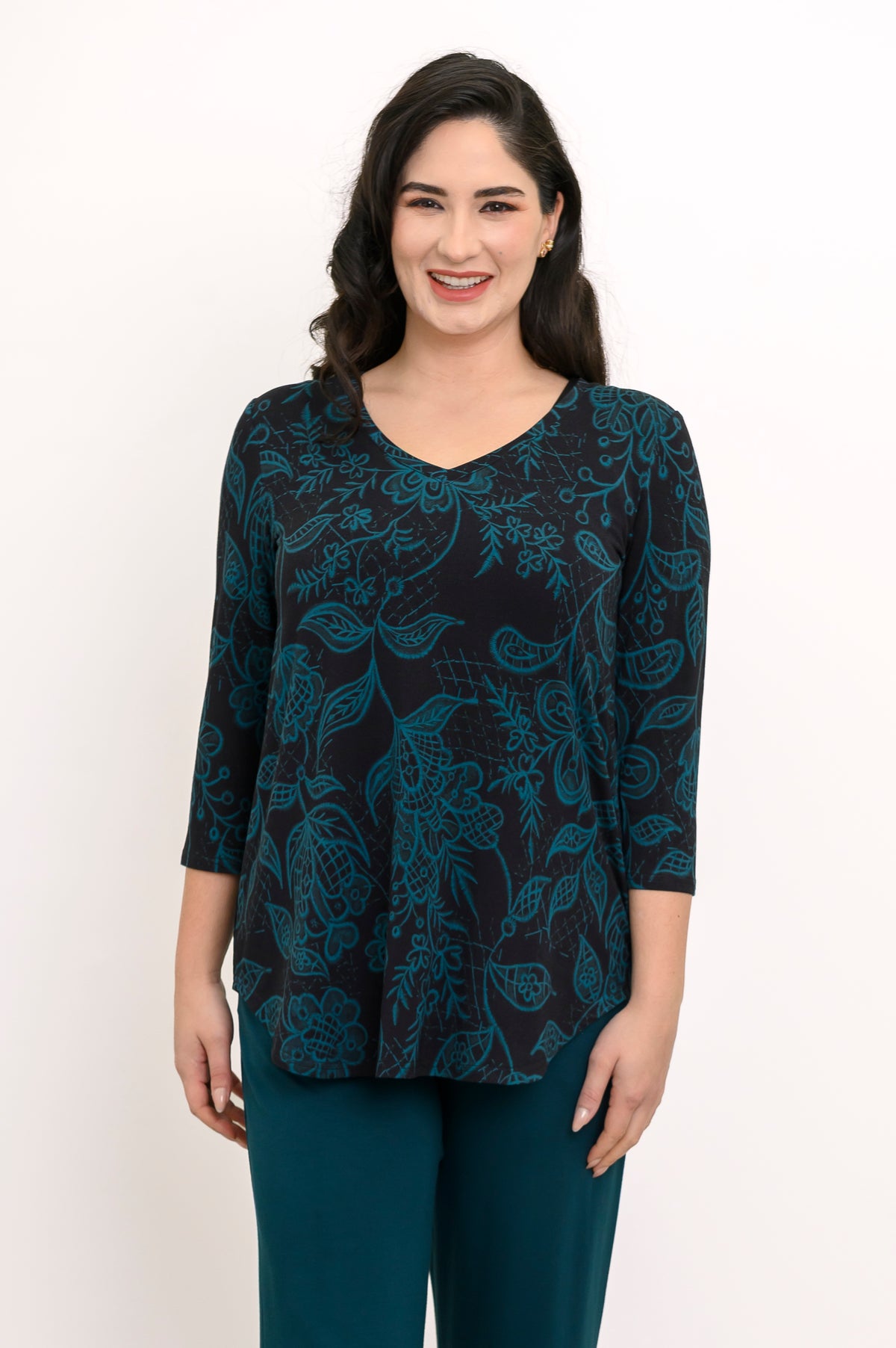 Two-piece coordinated teal botanical print knit set featuring a relaxed-fit V-neck top and fluid wide-leg pants.