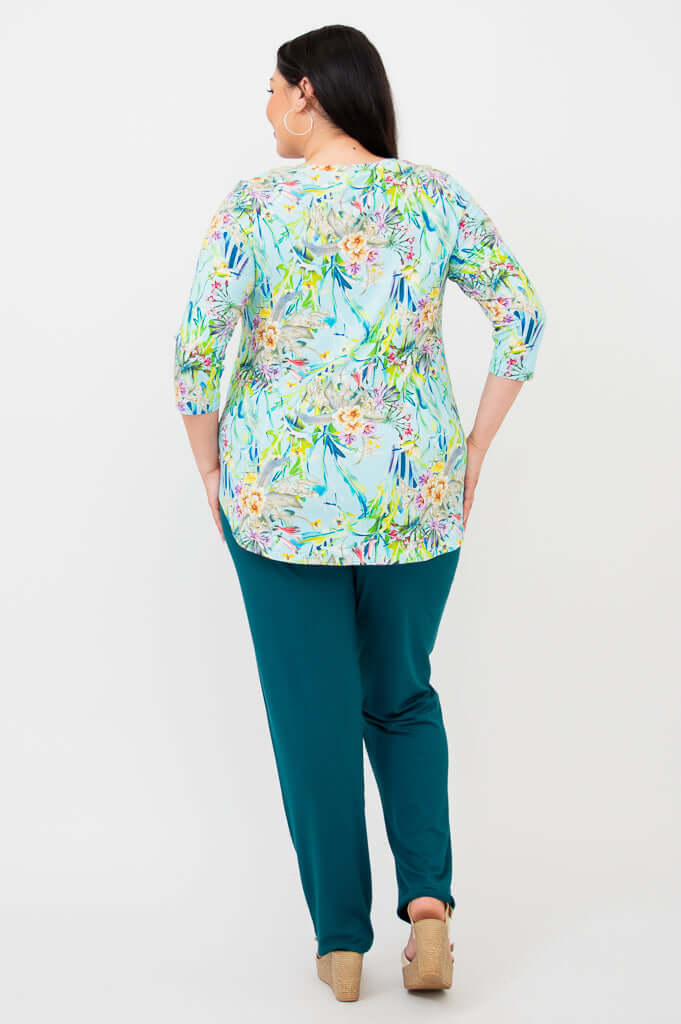 Back view of Jackie V-Neck Bamboo Top Spring Meadow showing fit and length