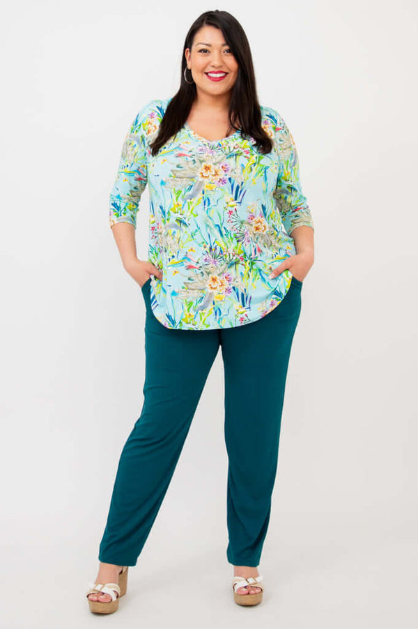 Full body view of model in Jackie V-Neck Bamboo Top and teal pants