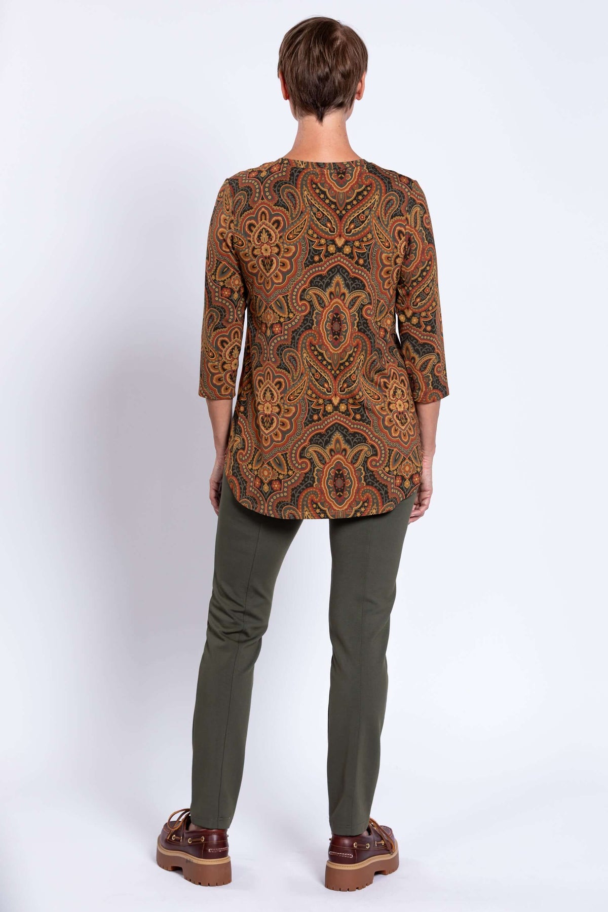Back view of Jackie V-neck bamboo top displaying paisley print and shirt length