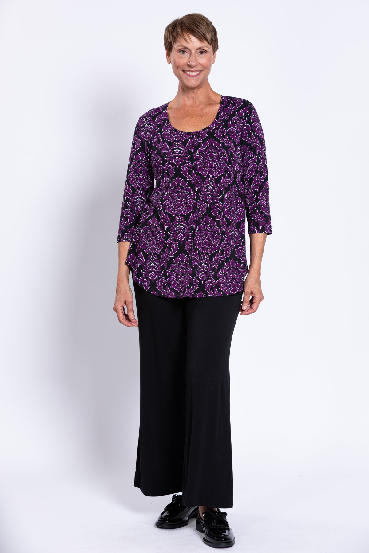 Jazz 3/4 Top, Magenta Damask, Bamboo