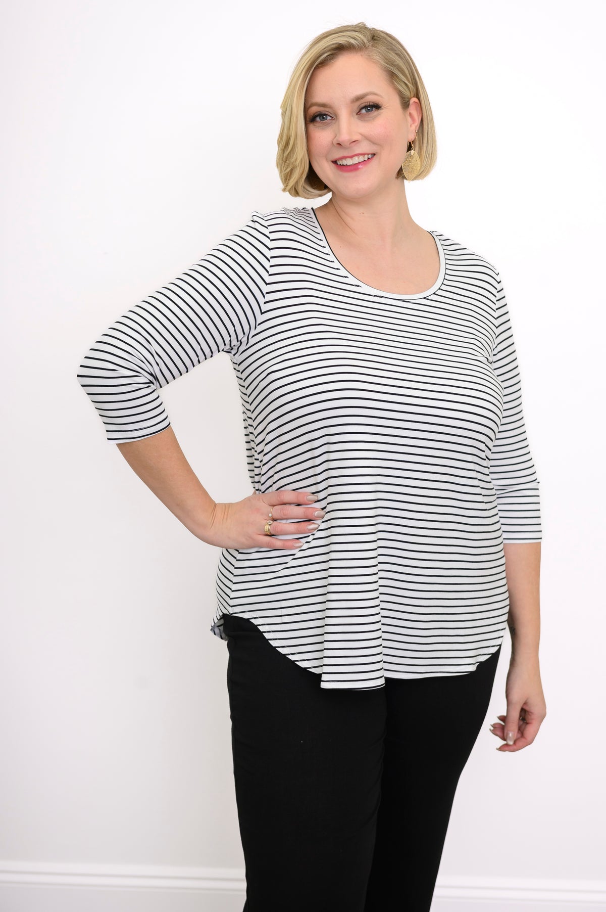 Jazz 3/4 Slv Top, White/Black Small Stripe, Bamboo