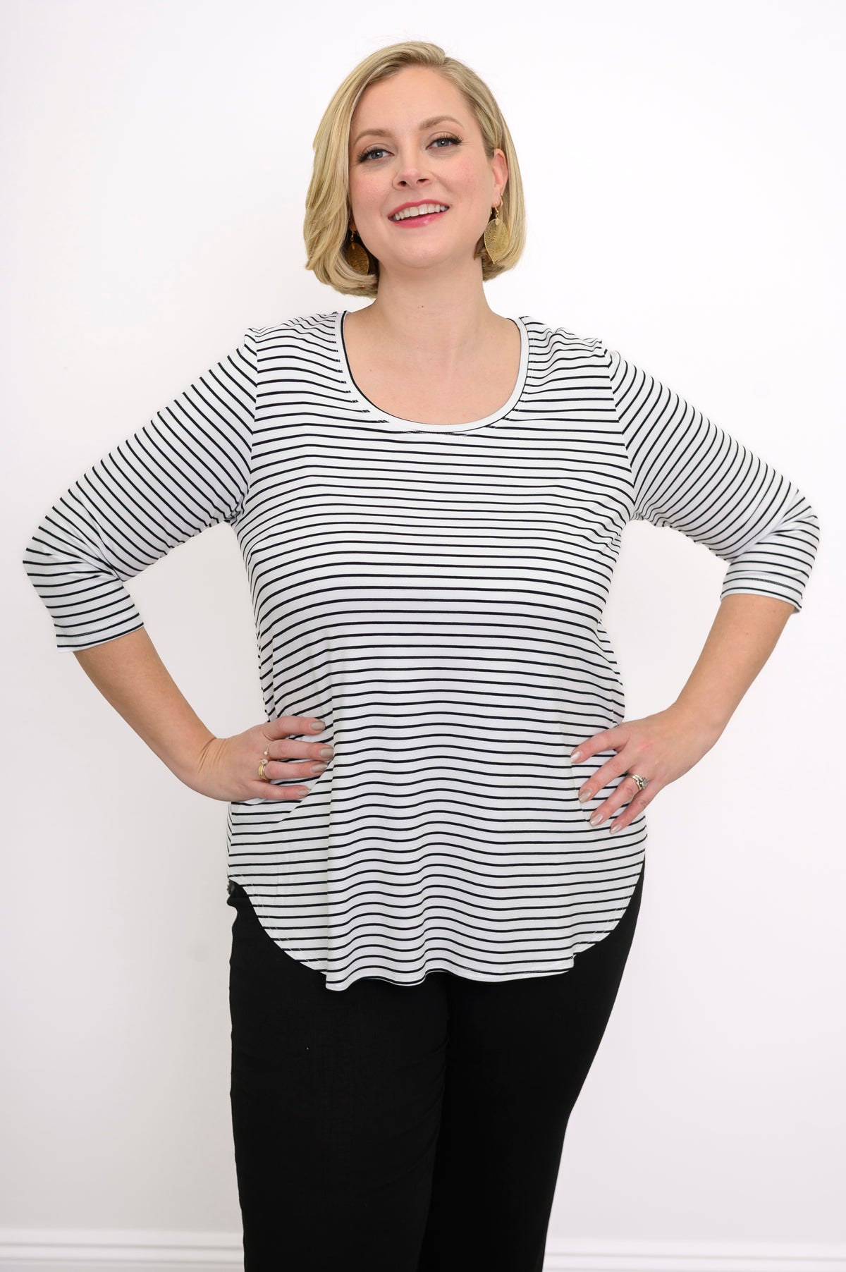 Jazz 3/4 Slv Top, White/Black Small Stripe, Bamboo