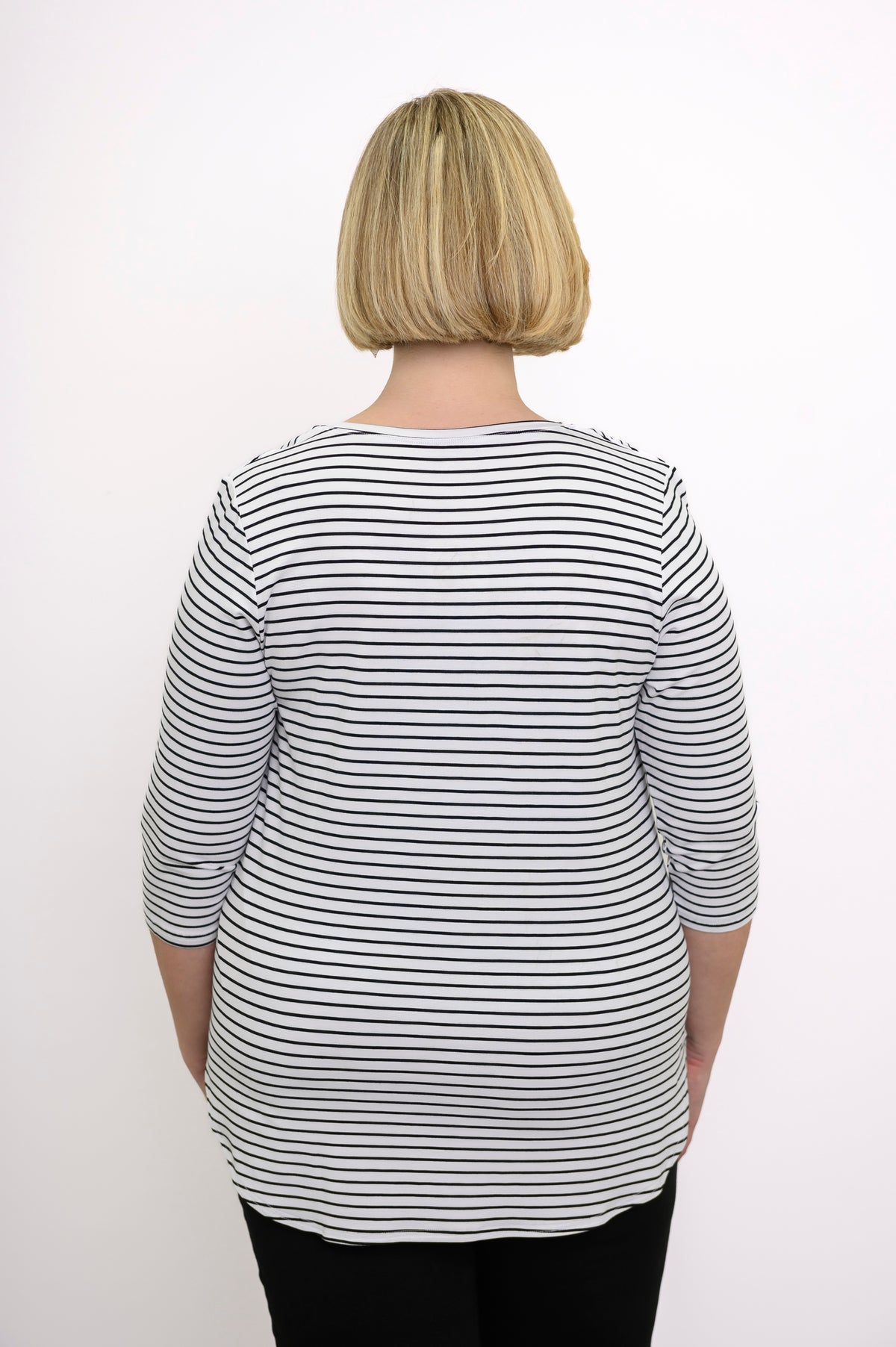 Jazz 3/4 Slv Top, White/Black Small Stripe, Bamboo