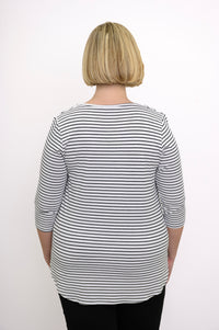 Jazz 3/4 Slv Top, White/Black Small Stripe, Bamboo