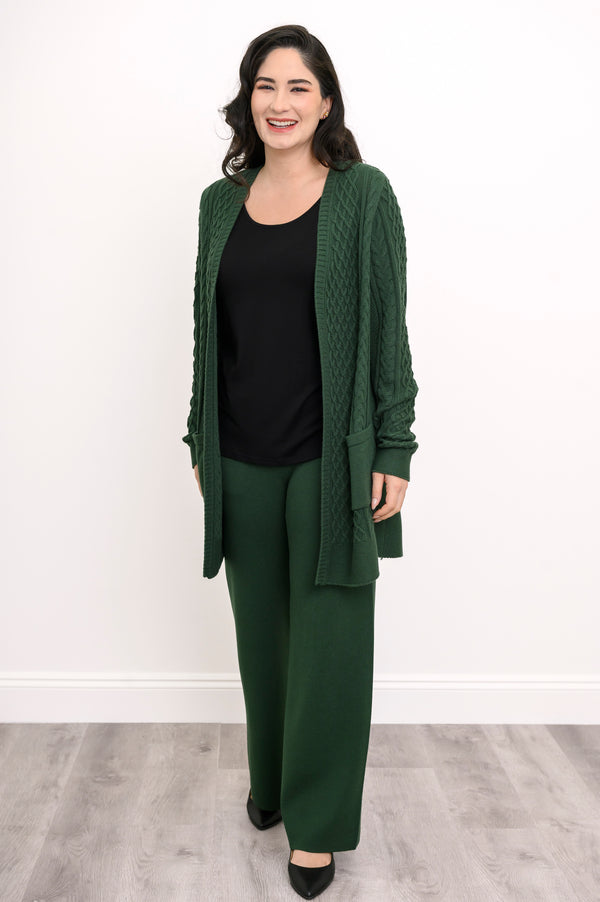 Women's casual dark green lounge pants worn with a coordinating long cardigan as a matching set, front-facing.